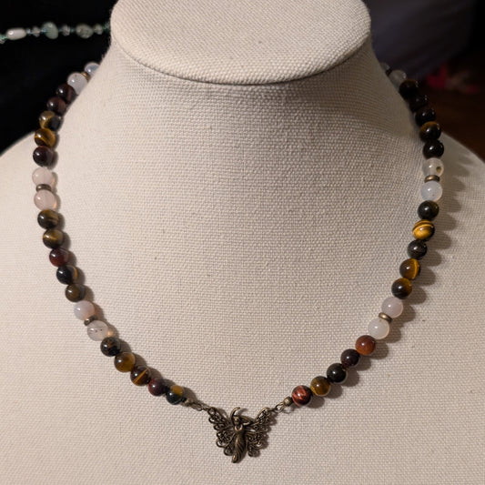 ✨Amberwing✨| Red & Gold Tiger’s Eye Necklace with Fairy Charm