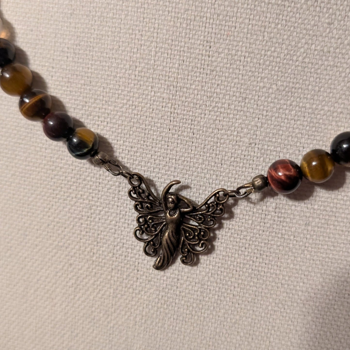 ✨Amberwing✨| Red & Gold Tiger’s Eye Necklace with Fairy Charm