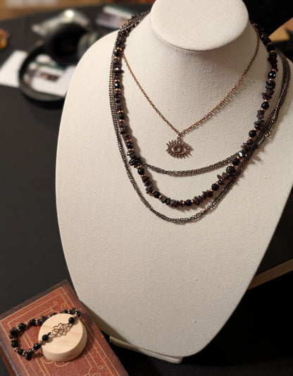 ✨Faery Metal✨| Garnet & Black Tourmaline Multi-Strand Necklace and Bracelet Set