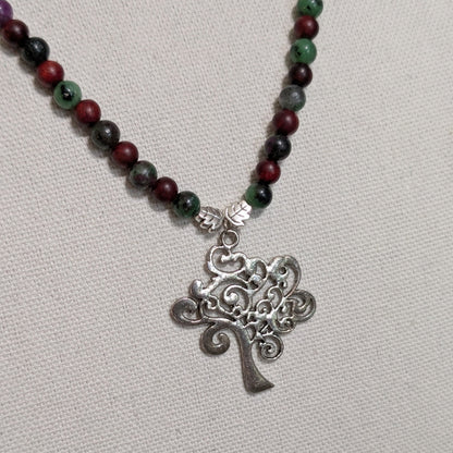 ✨Twirlitwig Den✨| Ruby Zoisite & Wood Necklace with Silver Tree Pendant
