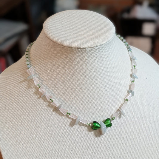✨Flutterheart✨| Fairy Butterfly Necklace – Rose Quartz, Aquamarine & Green Glass Wings