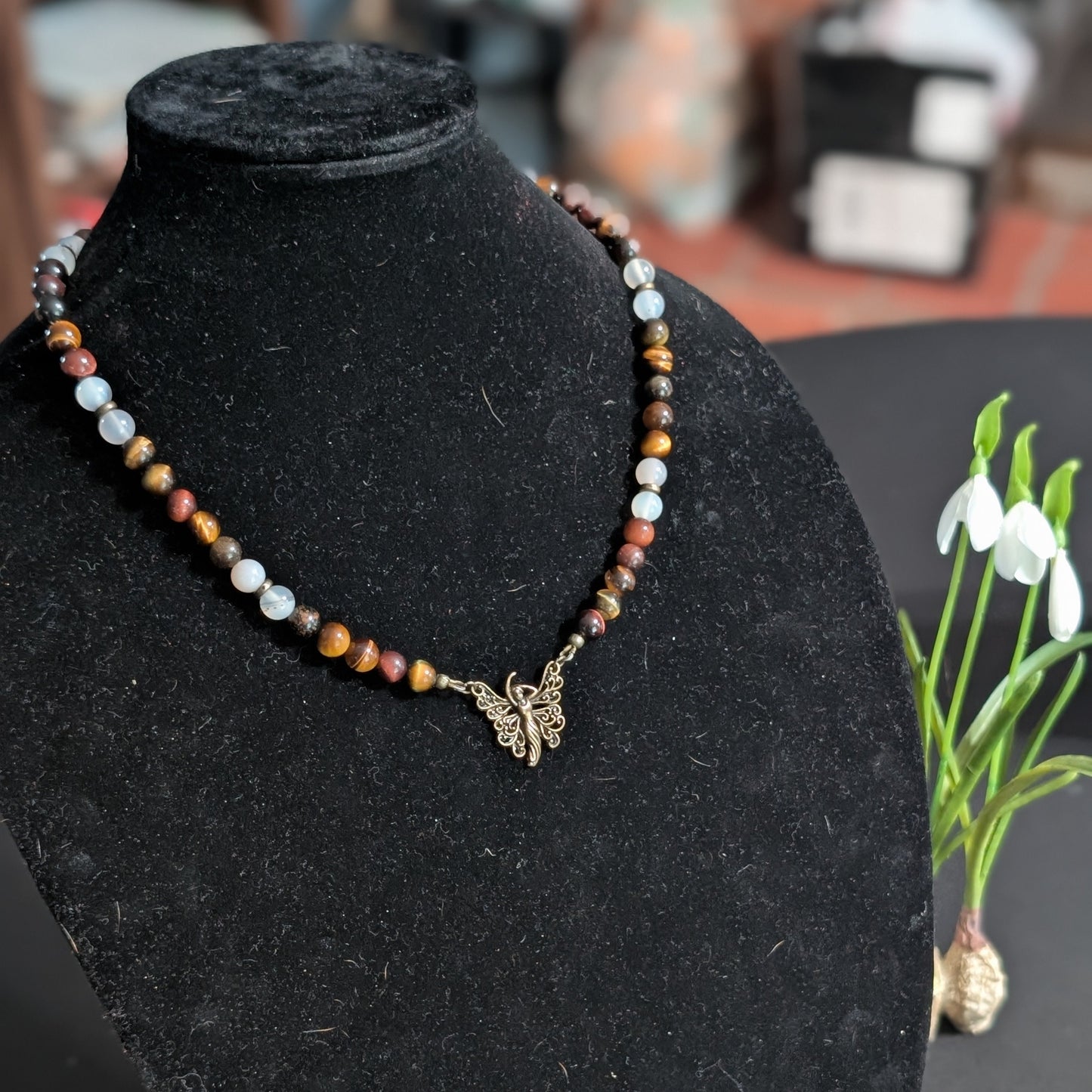 ✨Amberwing✨| Red & Gold Tiger’s Eye Necklace with Fairy Charm