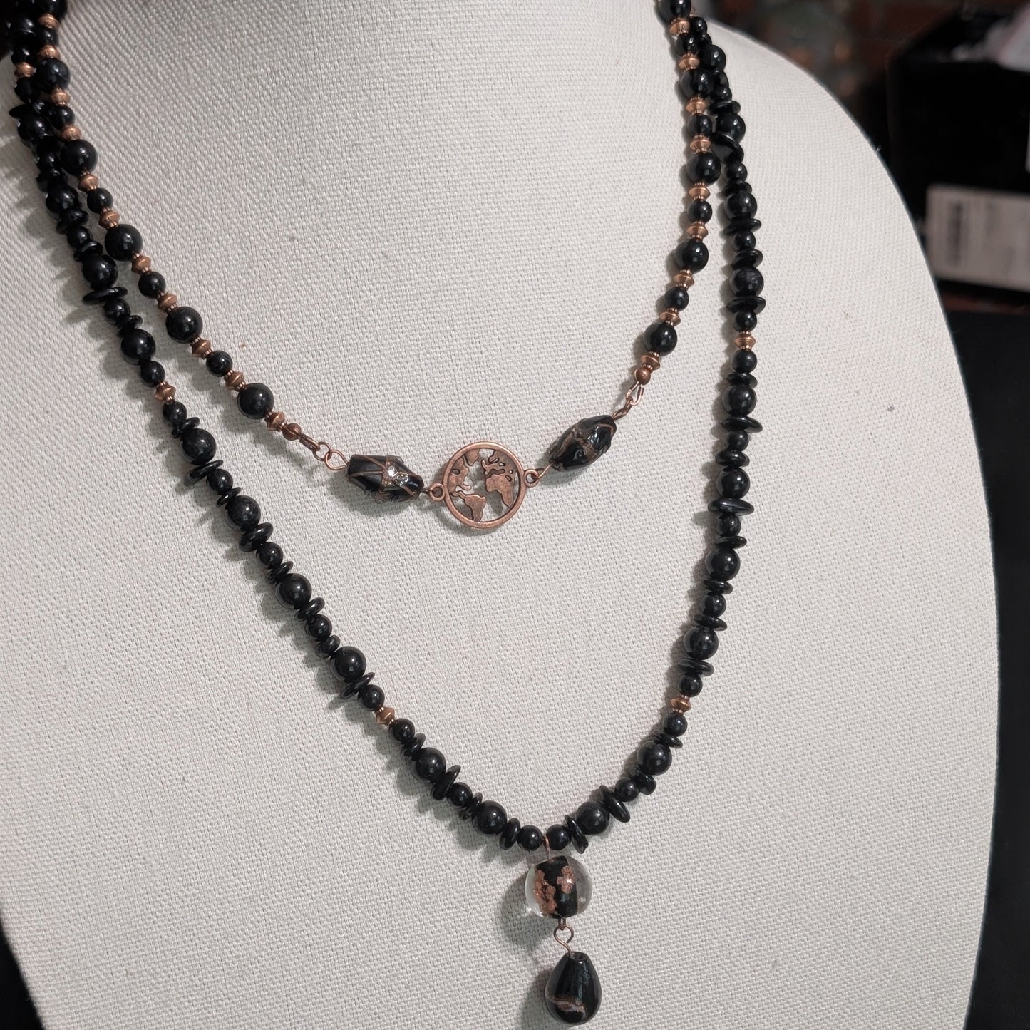 ✨Black Atlas✨| Black Tourmaline Double-Stranded Globe Necklace with Copper Accents