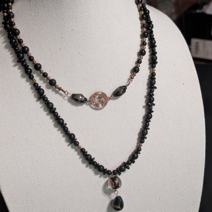 ✨Black Atlas✨| Black Tourmaline Double-Stranded Globe Necklace with Copper Accents