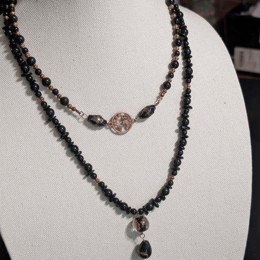 ✨Black Atlas✨| Black Tourmaline Double-Stranded Globe Necklace with Copper Accents