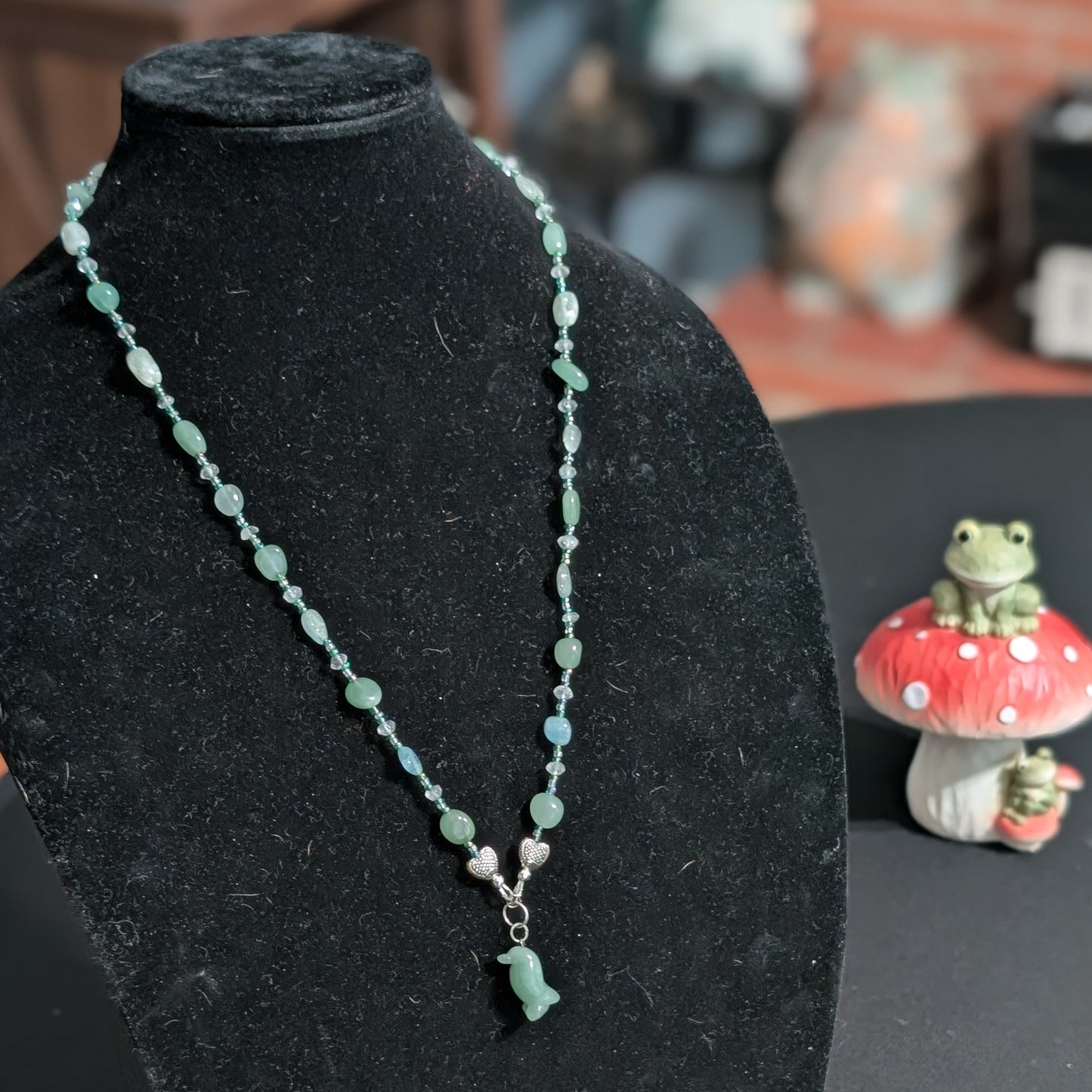 ✨Waddlewhim✨| Green Aventurine & Aquamarine Penguin Necklace with Kissing Fish