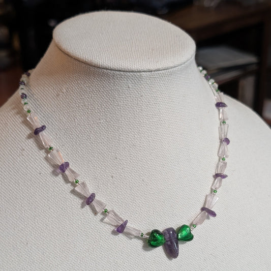 ✨Whisperwings✨| Amethyst & Rose Quartz Fairy Necklace with Green Glass Wings
