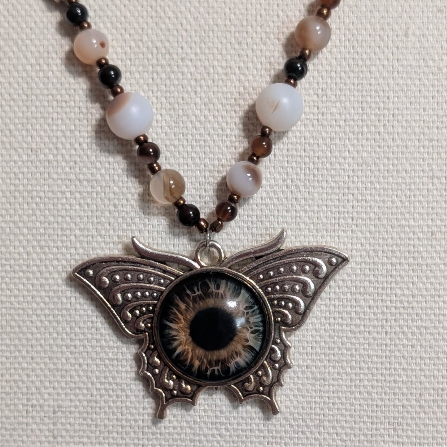 ✨Birchsight✨| Natural & Brown Agate Necklace with Butterfly Eye Pendant