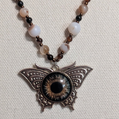 ✨Birchsight✨| Natural & Brown Agate Necklace with Butterfly Eye Pendant