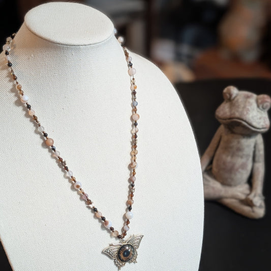 ✨Birchsight✨| Natural & Brown Agate Necklace with Butterfly Eye Pendant