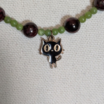 ✨Feliris✨| Garnet & Nephrite Jade Necklace with Cat Charm