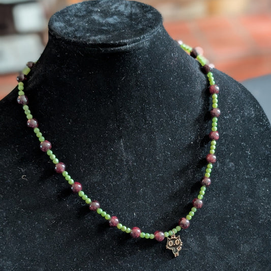 ✨Feliris✨| Garnet & Nephrite Jade Necklace with Cat Charm