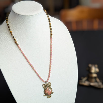 ✨Talonrose✨| Rhodochrosite, Tiger’s Eye & Peridot Necklace with Unakite Owl Pendant