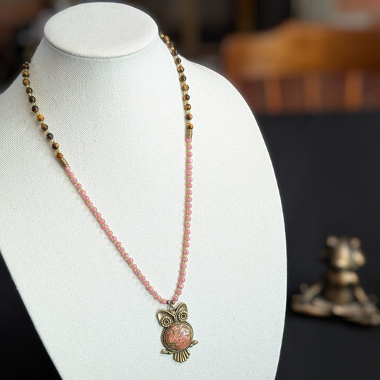 ✨Talonrose✨| Rhodochrosite, Tiger’s Eye & Peridot Necklace with Unakite Owl Pendant