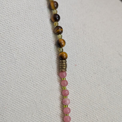 ✨Talonrose✨| Rhodochrosite, Tiger’s Eye & Peridot Necklace with Unakite Owl Pendant