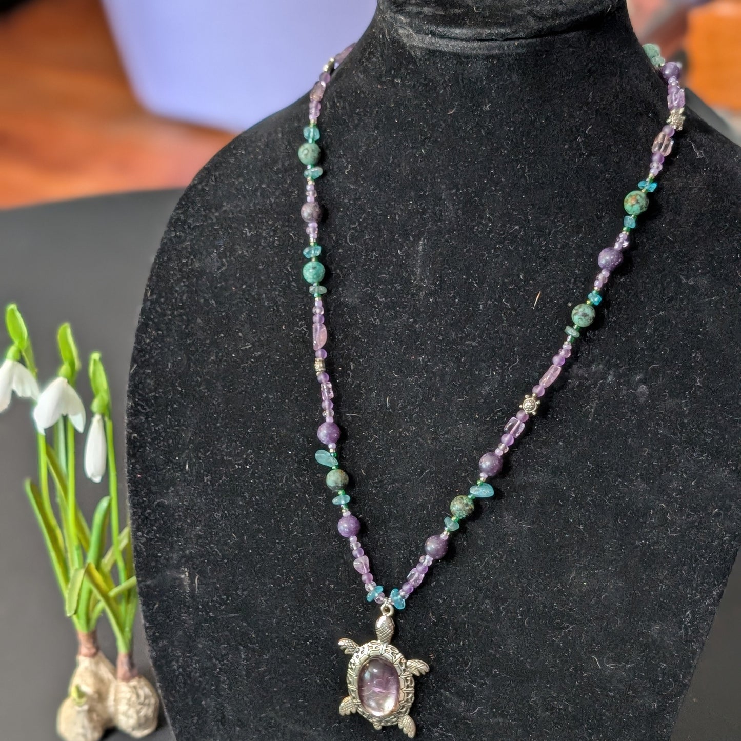 ✨Whimcurrent and the Ripples✨| Amethyst, Charoite, Apatite, & Turquoise Turtle Necklace & Earrings Set