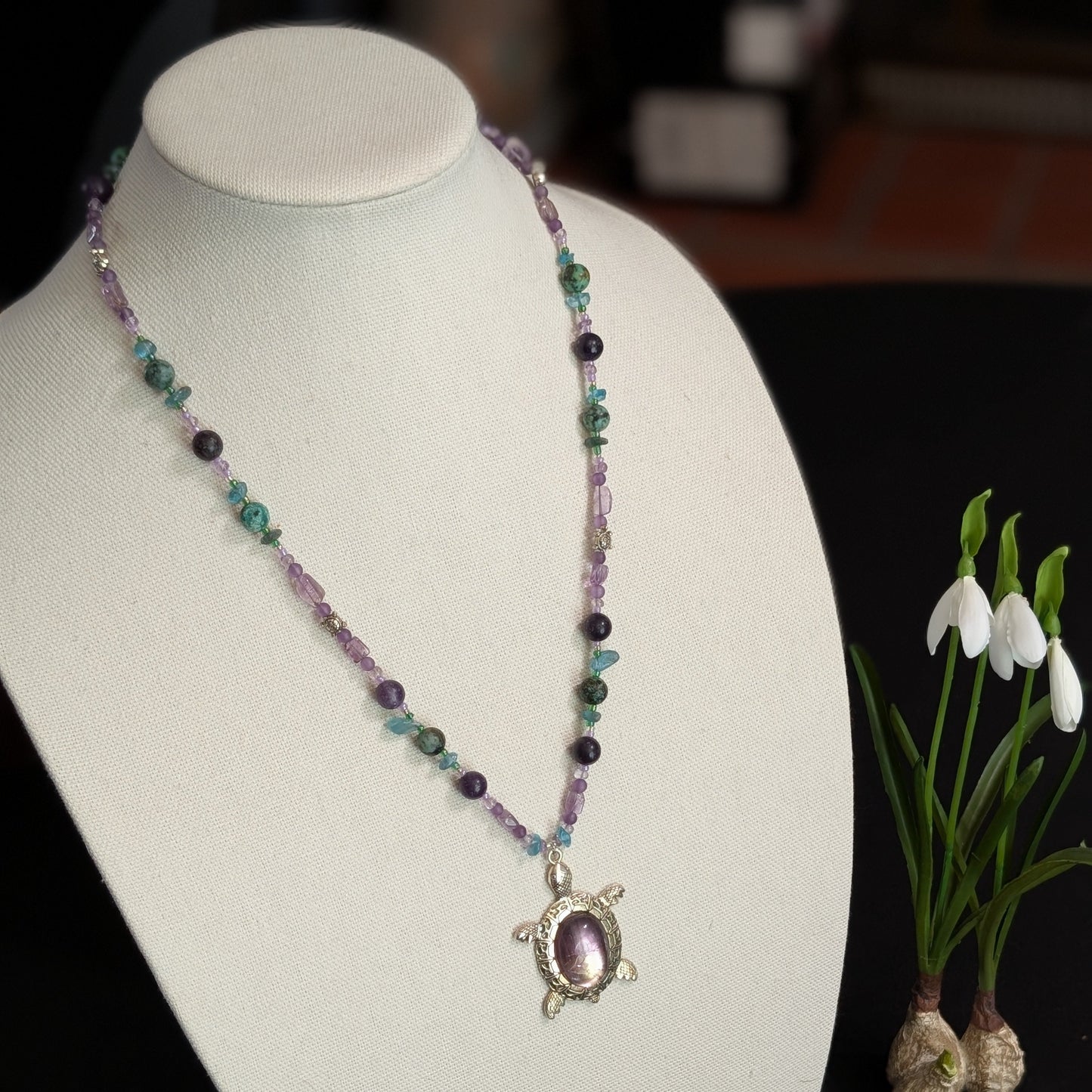 ✨Whimcurrent and the Ripples✨| Amethyst, Charoite, Apatite, & Turquoise Turtle Necklace & Earrings Set