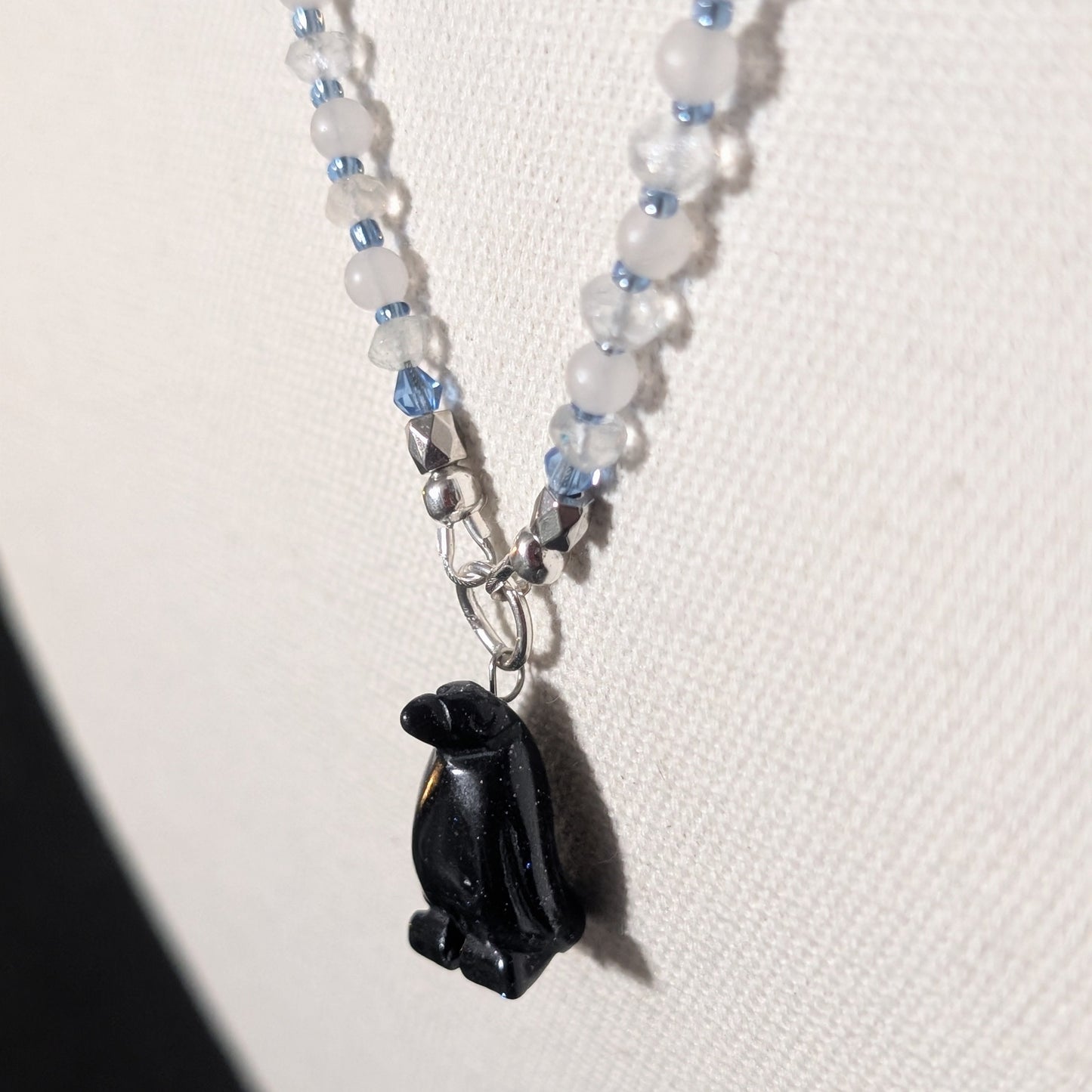✨Snowdip✨| Snow Quartz & Aquamarine Necklace with Blue Goldstone Penguin Pendant