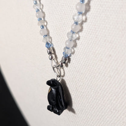 ✨Snowdip✨| Snow Quartz & Aquamarine Necklace with Blue Goldstone Penguin Pendant