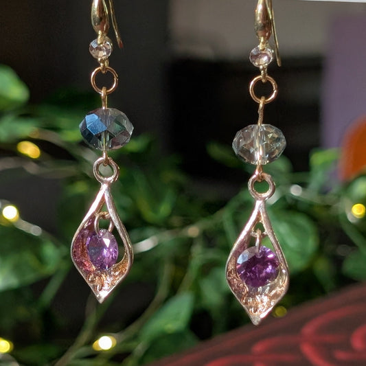 ✨Brilliaura✨| Reclaimed Amethyst Glass & Goldtone Earrings