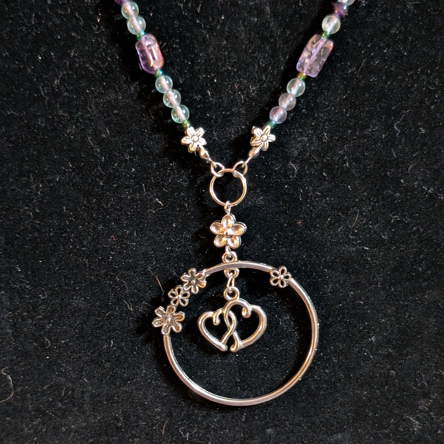 ✨Petalfrost✨| Fluorite & Amethyst Necklace with Silver Floral Heart Pendant