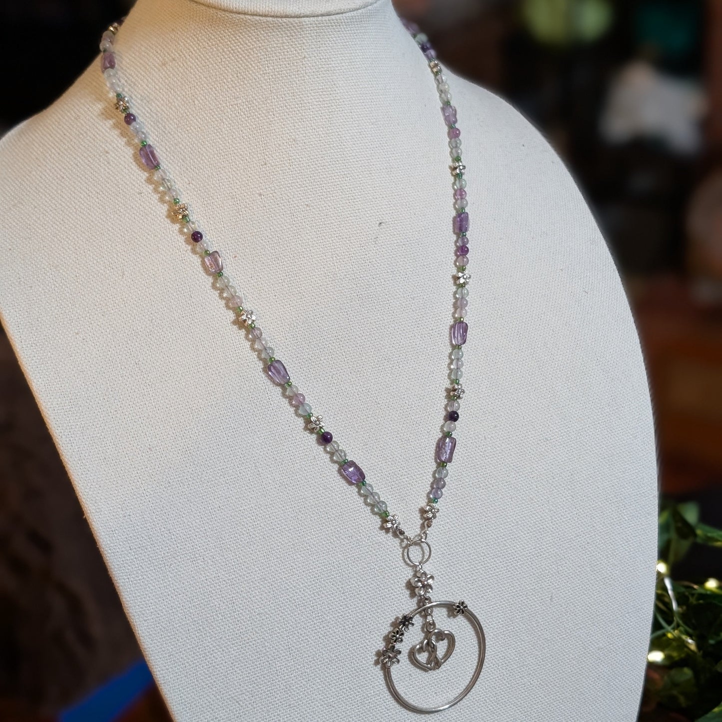 ✨Petalfrost✨| Fluorite & Amethyst Necklace with Silver Floral Heart Pendant