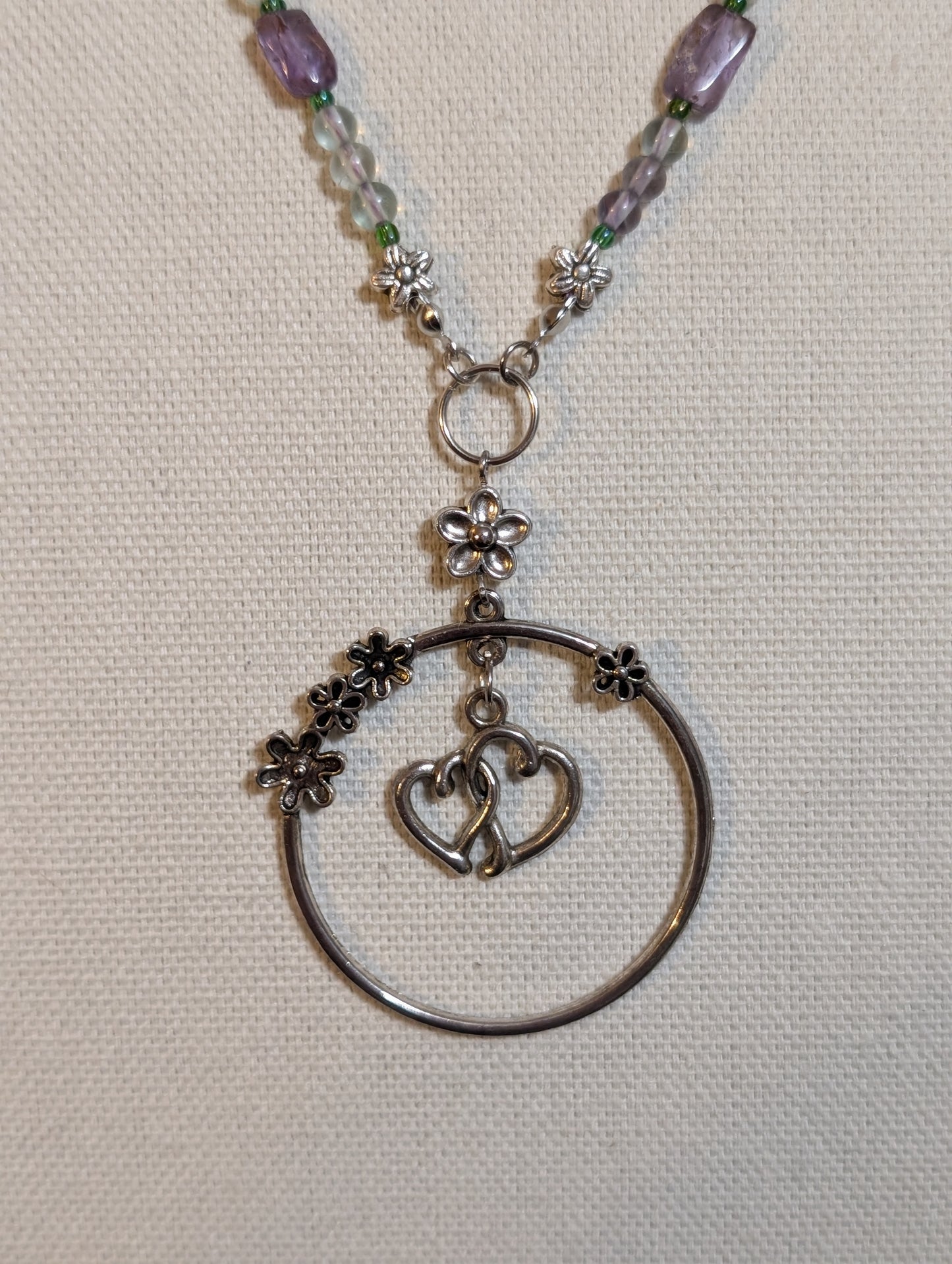 ✨Petalfrost✨| Fluorite & Amethyst Necklace with Silver Floral Heart Pendant