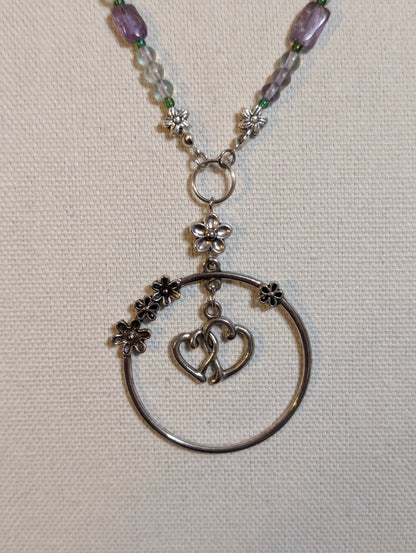 ✨Petalfrost✨| Fluorite & Amethyst Necklace with Silver Floral Heart Pendant