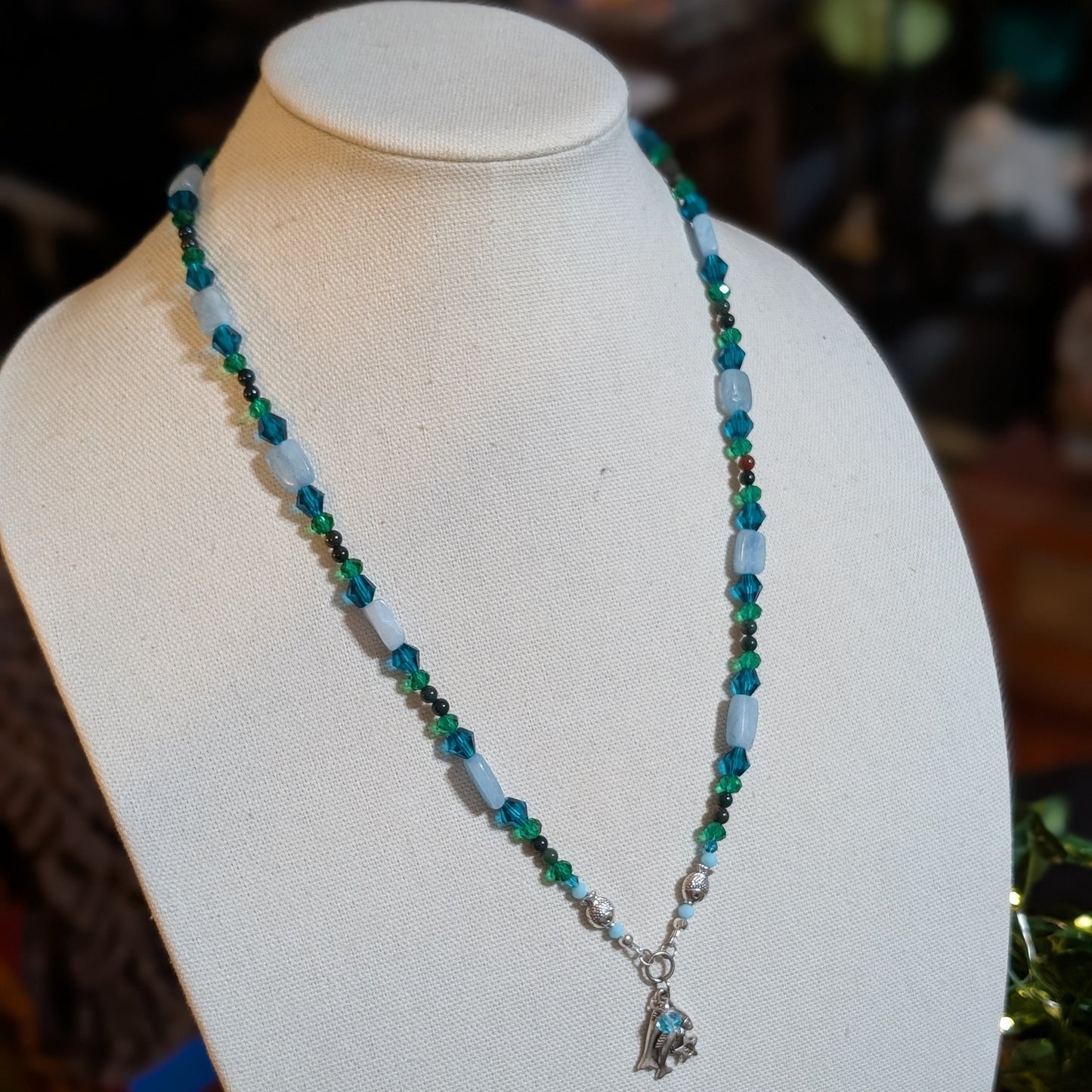 ✨Finfluenced✨| Pisces Zodiac Necklace – Aquamarine & Bloodstone with Fish Accents