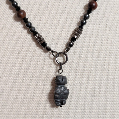 ✨Deepmother✨| Hematite and Palisanderwood Necklace with Hematite Venus of Willendorf Pendant