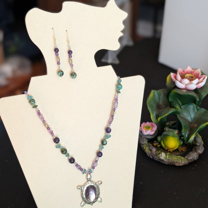 ✨Whimcurrent and the Ripples✨| Amethyst, Charoite, Apatite, & Turquoise Turtle Necklace & Earrings Set