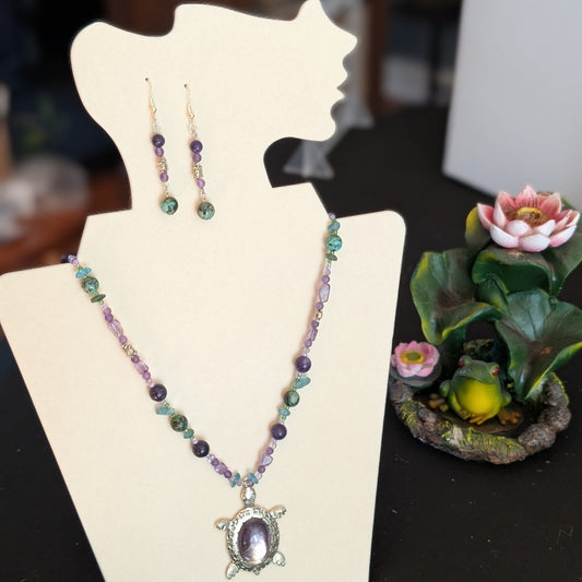 ✨Whimcurrent and the Ripples✨| Amethyst, Charoite, Apatite, & Turquoise Turtle Necklace & Earrings Set
