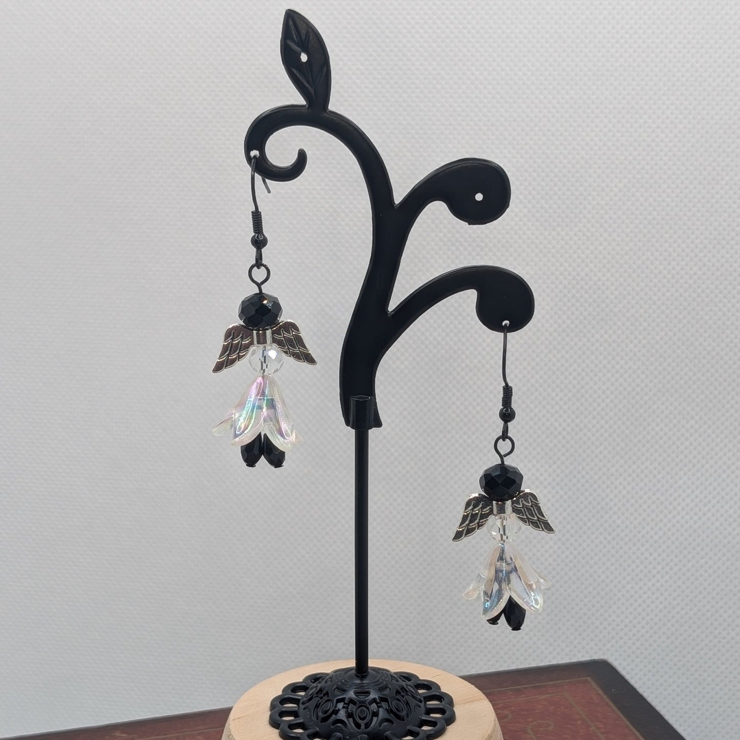 ✨Silverflit✨| Winged Fairy Earrings with Iridescent Petals & Black Beads