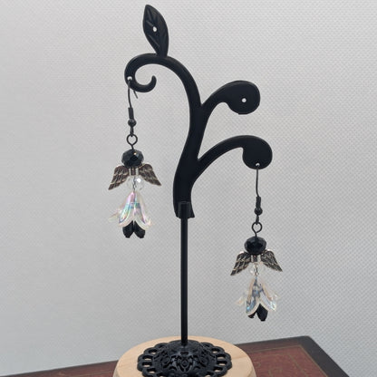 ✨Silverflit✨| Winged Fairy Earrings with Iridescent Petals & Black Beads