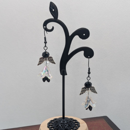 ✨Silverflit✨| Winged Fairy Earrings with Iridescent Petals & Black Beads