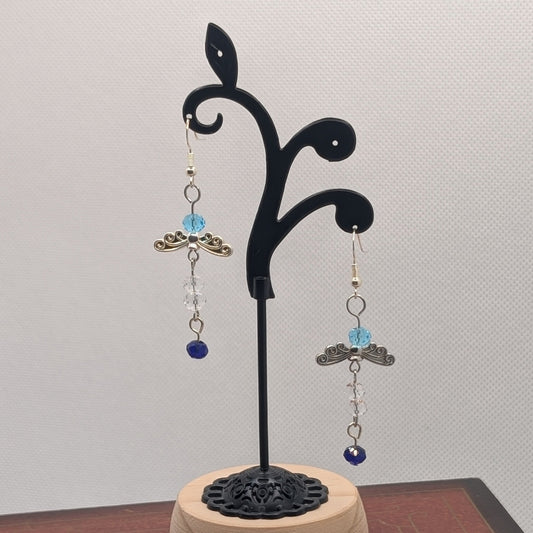 ✨Skyquill✨| Silver Scrollwork Fairy Earrings in Blue & Crystal Glass