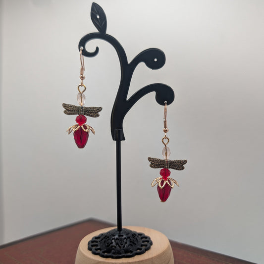 ✨Flitterflare✨| Red Fairy Wing Earrings with Rose Gold Petals