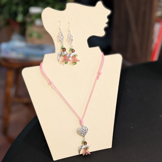 ✨Heartsprite✨| Pink & Green Floral Fairy Necklace & Earrings with Celtic Heart