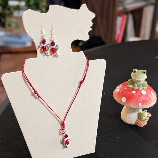 ✨Kisswing✨| Red Heart-Wing Jewelry Set with Earrings & Adjustable Cord Necklace