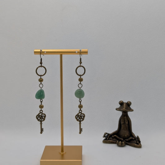 ✨The Keys to Mossmere✨| Green Aventurine & Brass Floral Key Earrings