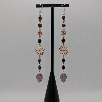 ✨Duskleaf Bloom✨| Garnet Earrings – Long Floral Statement Earrings