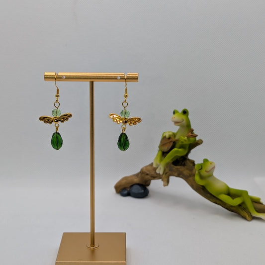 ✨Leafgleam✨| Green & Gold Fairy Earrings with Winged Charm