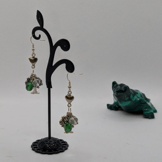 ✨Verdantine✨| Heart & Tree Charm Earrings with Green & Crystal Glass Beads