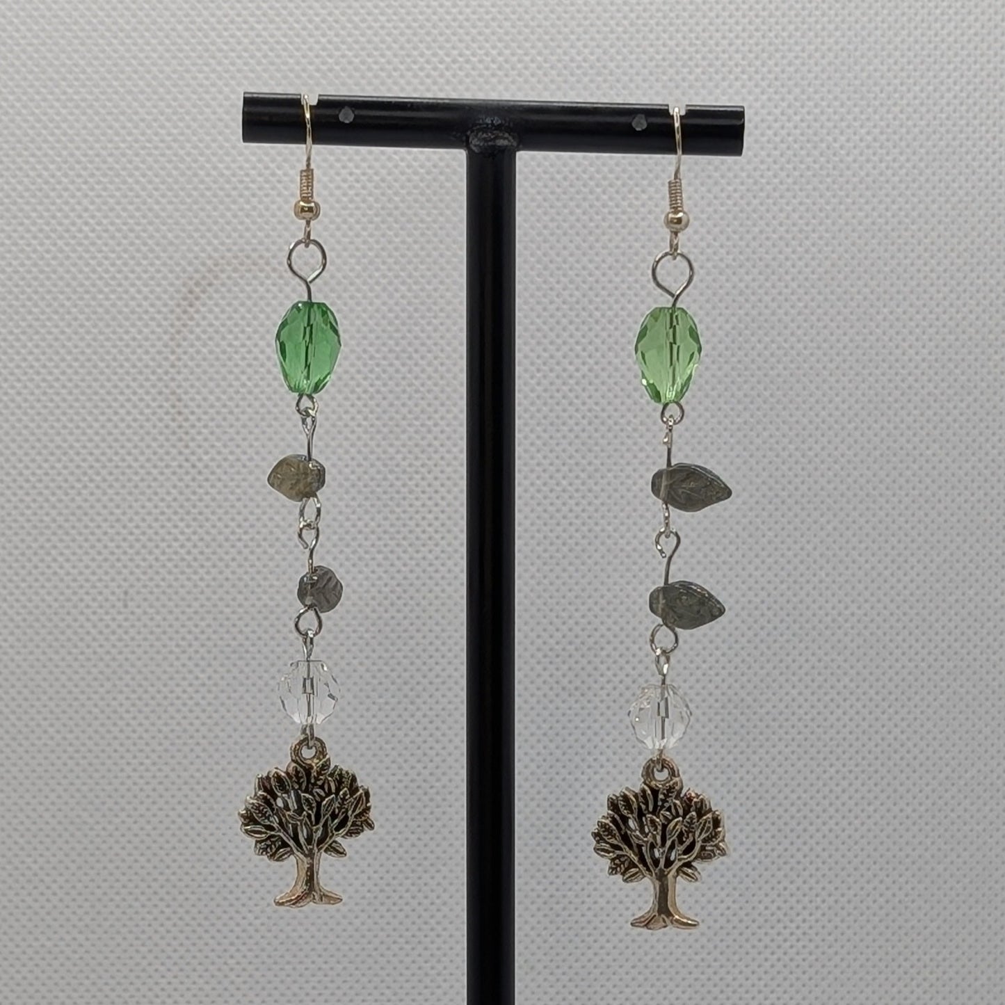✨Glenroot✨| Green & Clear Glass Leaf Earrings with Tree Charms