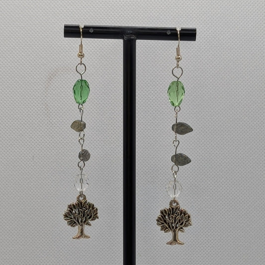 ✨Glenroot✨| Green & Clear Glass Leaf Earrings with Tree Charms