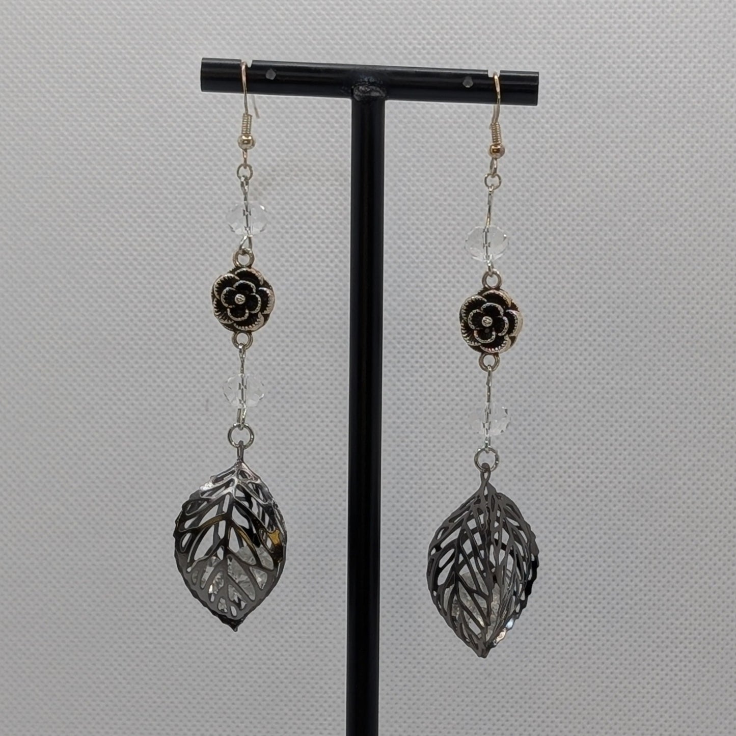 ✨Faeliage✨| Gunmetal Leaf & Glass Earrings with Silver-Toned Floral Accents