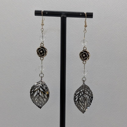 ✨Faeliage✨| Gunmetal Leaf & Glass Earrings with Silver-Toned Floral Accents