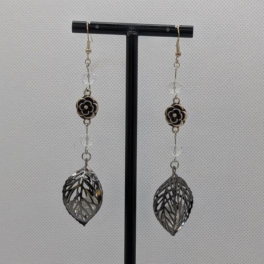 ✨Faeliage✨| Gunmetal Leaf & Glass Earrings with Silver-Toned Floral Accents