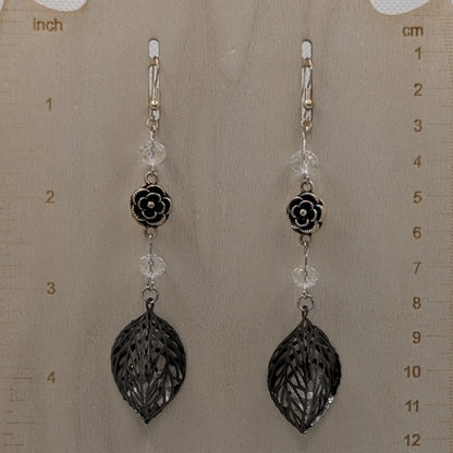 ✨Faeliage✨| Gunmetal Leaf & Glass Earrings with Silver-Toned Floral Accents