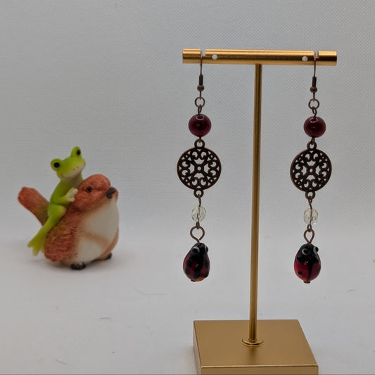 ✨Lacybug✨| Copper & Glass Ladybug Earrings with Filigree Charm